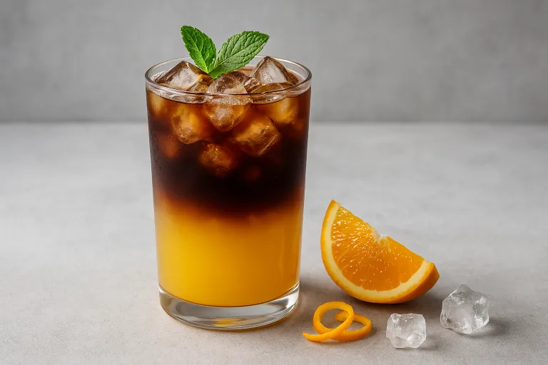 Vaso de cold brew con hielo y naranja