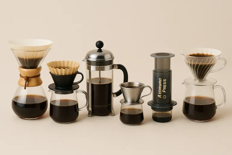 Tazas y métodos de filtrado sobre mesa de madera