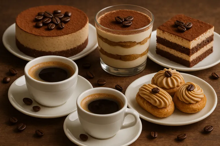 Mesa con postres de café y tazas